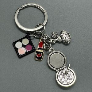 BAG CHARM Makeup Lipstick Compact Silver Keychain NIP